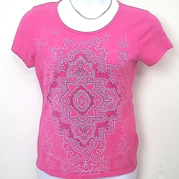 T shirt fuchsia pink 100% cotton stretch mandela print Crew Neck Short Sleeve - Picture 1 of 5